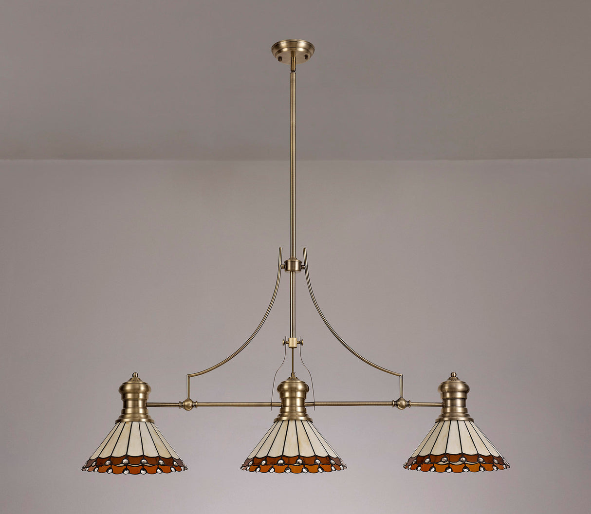 Williams 3 Light Linear Pendant E27 With 30cm Tiffany Shade, Antique Brass, Amber, Cream, Crystal