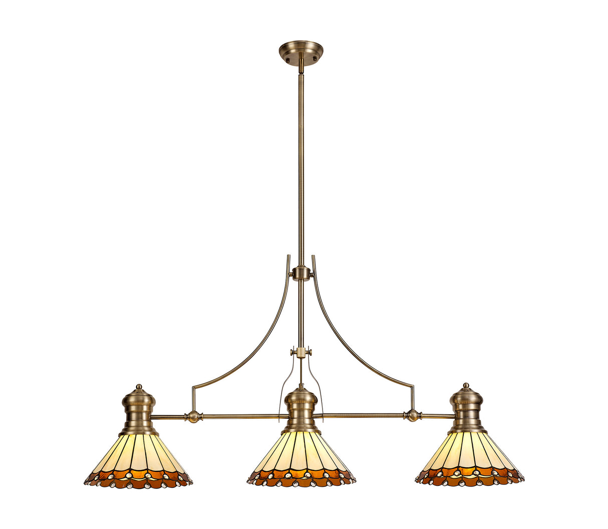 Williams 3 Light Linear Pendant E27 With 30cm Tiffany Shade, Antique Brass, Amber, Cream, Crystal