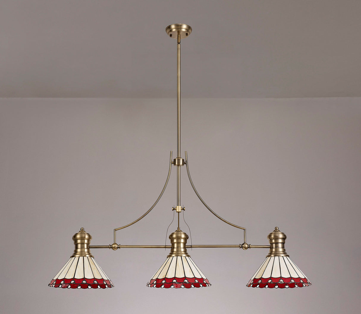 Williams 3 Light Linear Pendant E27 With 30cm Tiffany Shade, Antique Brass, Red, Cream, Crystal