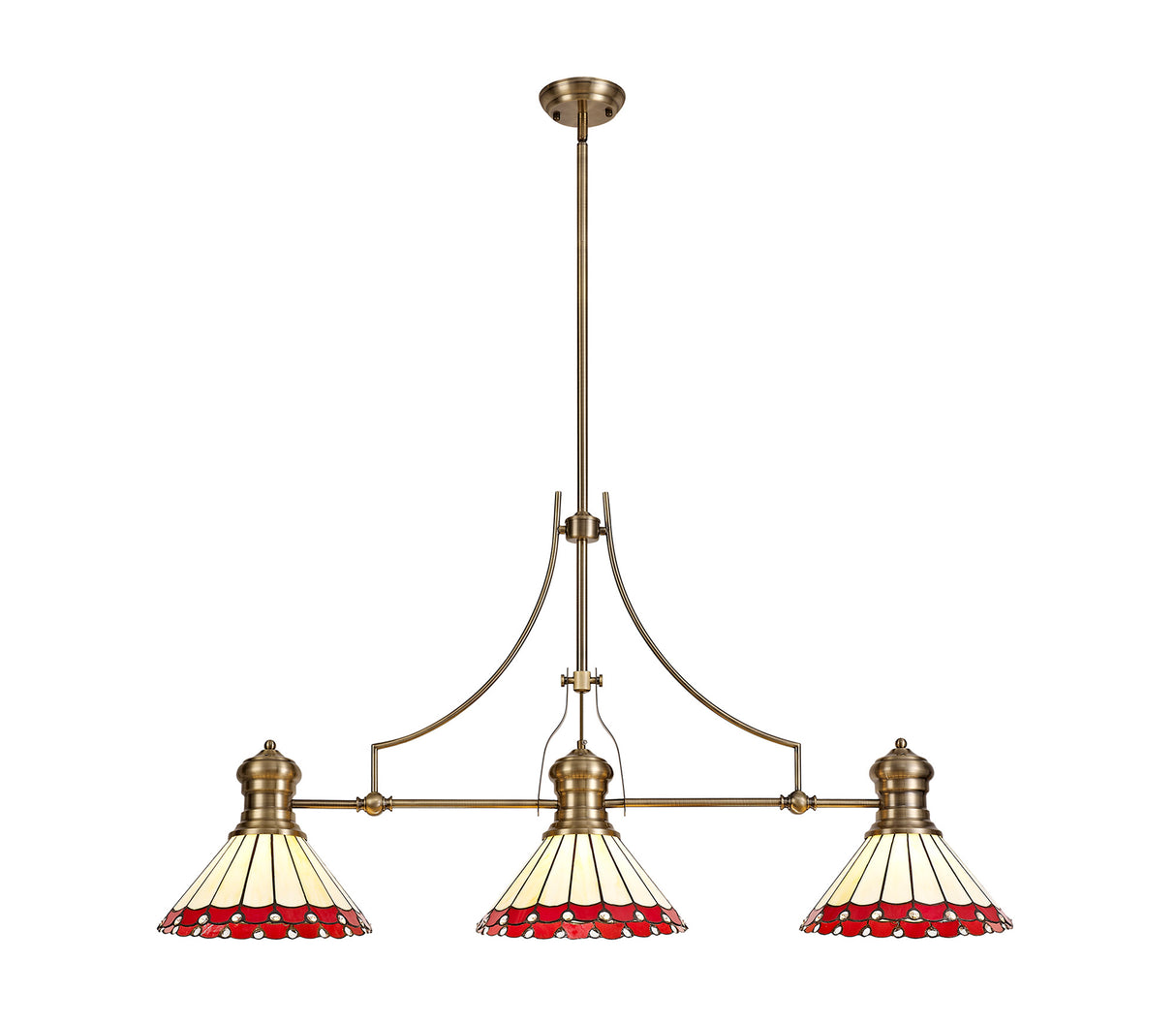 Williams 3 Light Linear Pendant E27 With 30cm Tiffany Shade, Antique Brass, Red, Cream, Crystal
