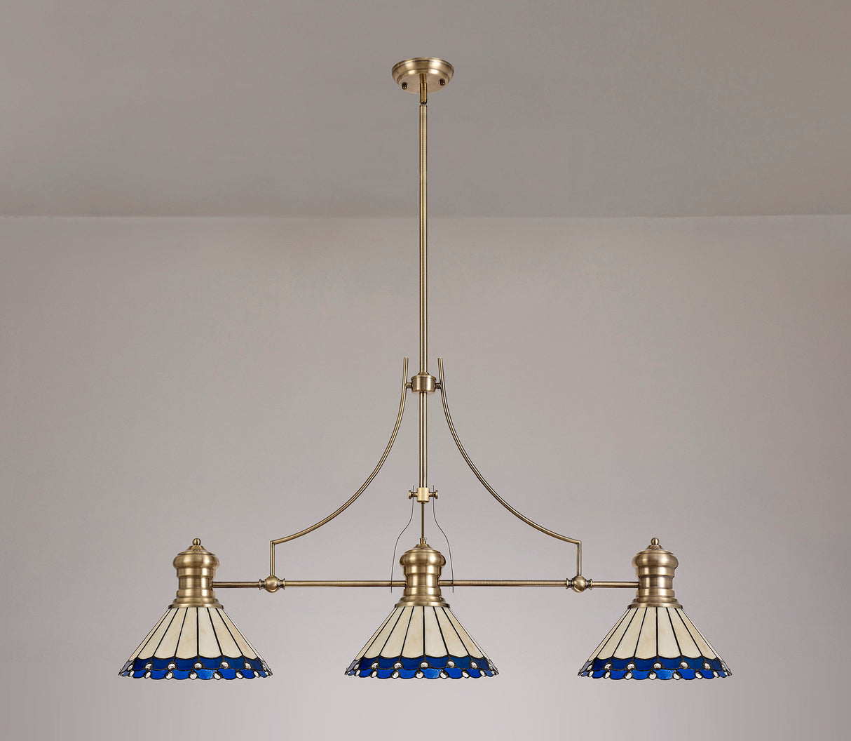 Williams 3 Light Linear Pendant E27 With 30cm Tiffany Shade, Antique Brass, Blue, Cream, Crystal