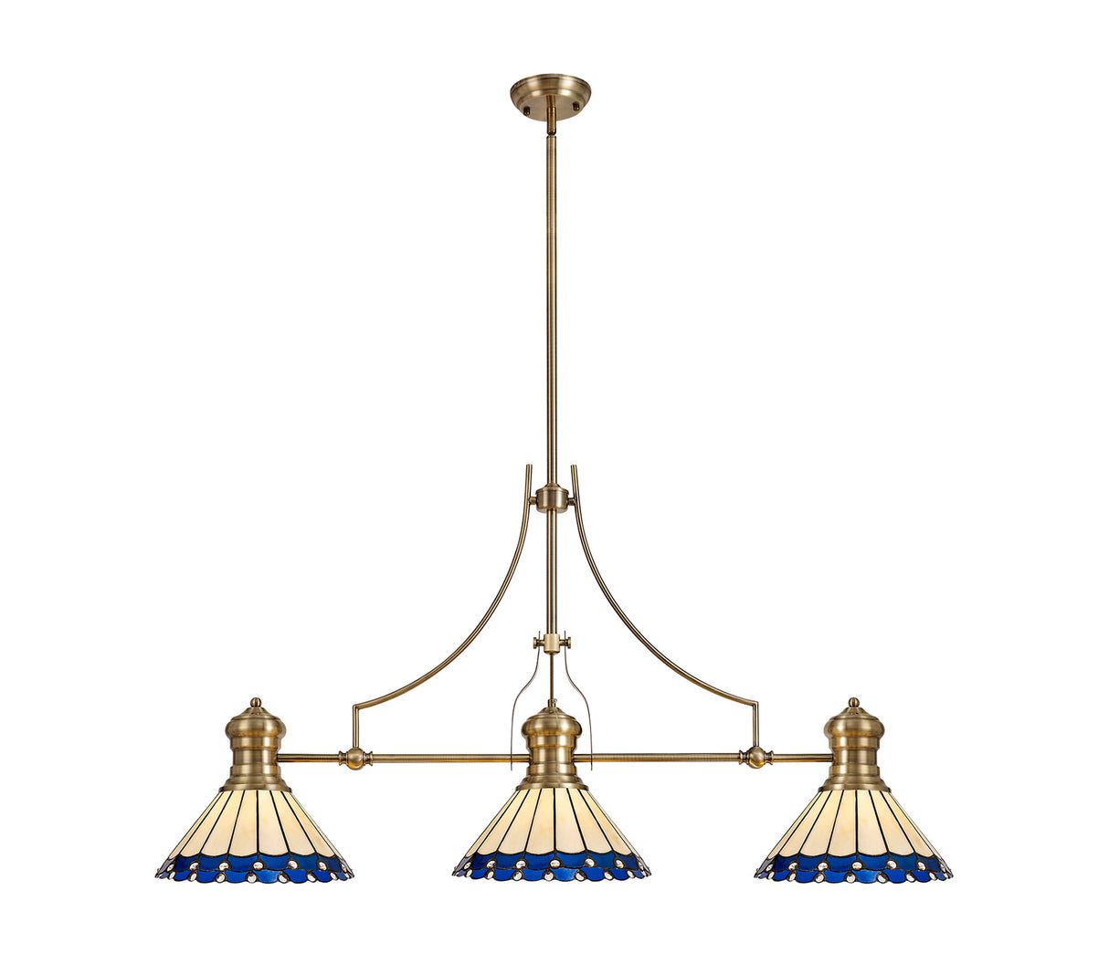 Williams 3 Light Linear Pendant E27 With 30cm Tiffany Shade, Antique Brass, Blue, Cream, Crystal