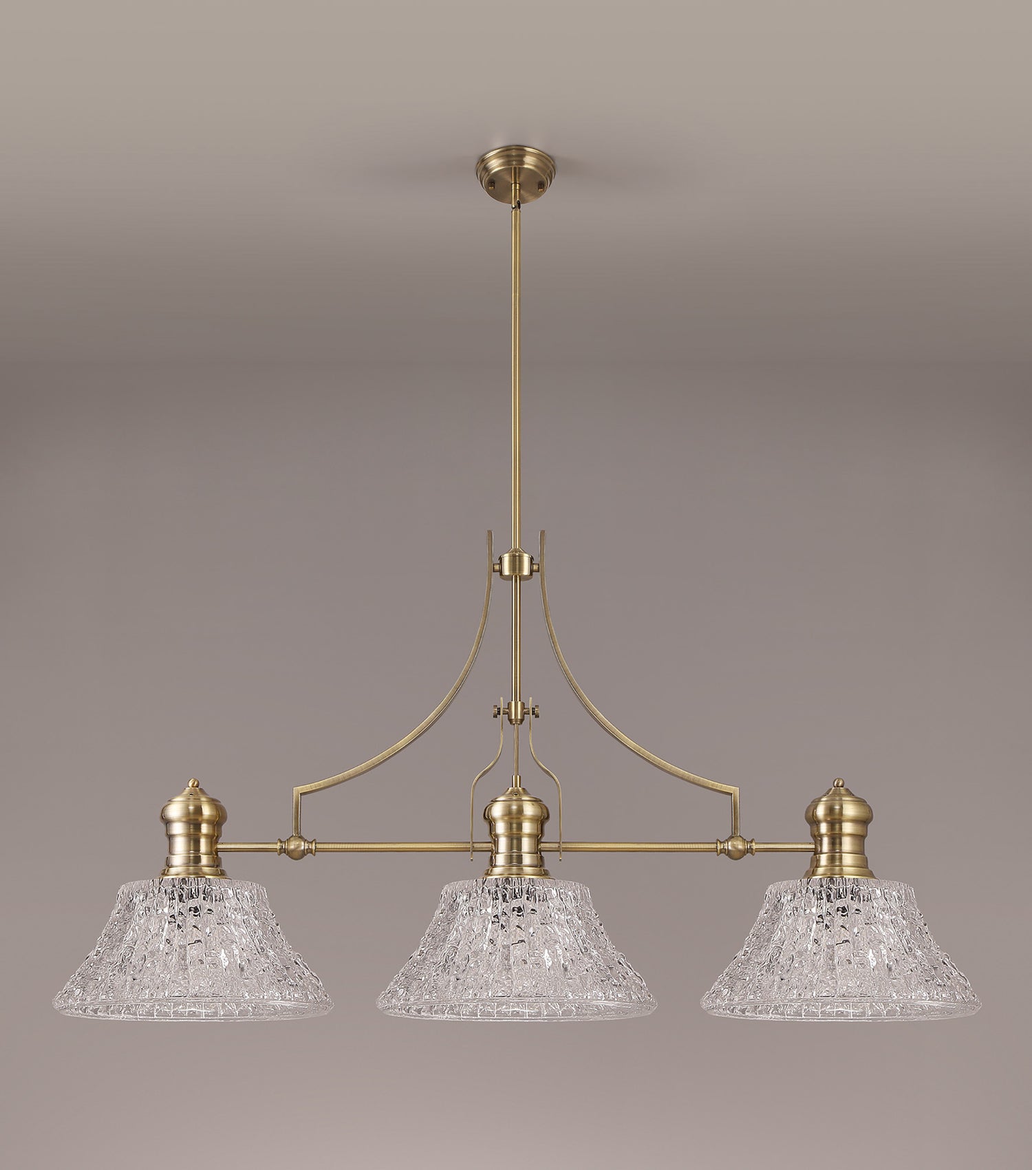 Munro Linear Pendant With 38cm Patterned Round Shade, 3 x E27, Antique Brass/Clear Glass Item Weight: 19.1kg