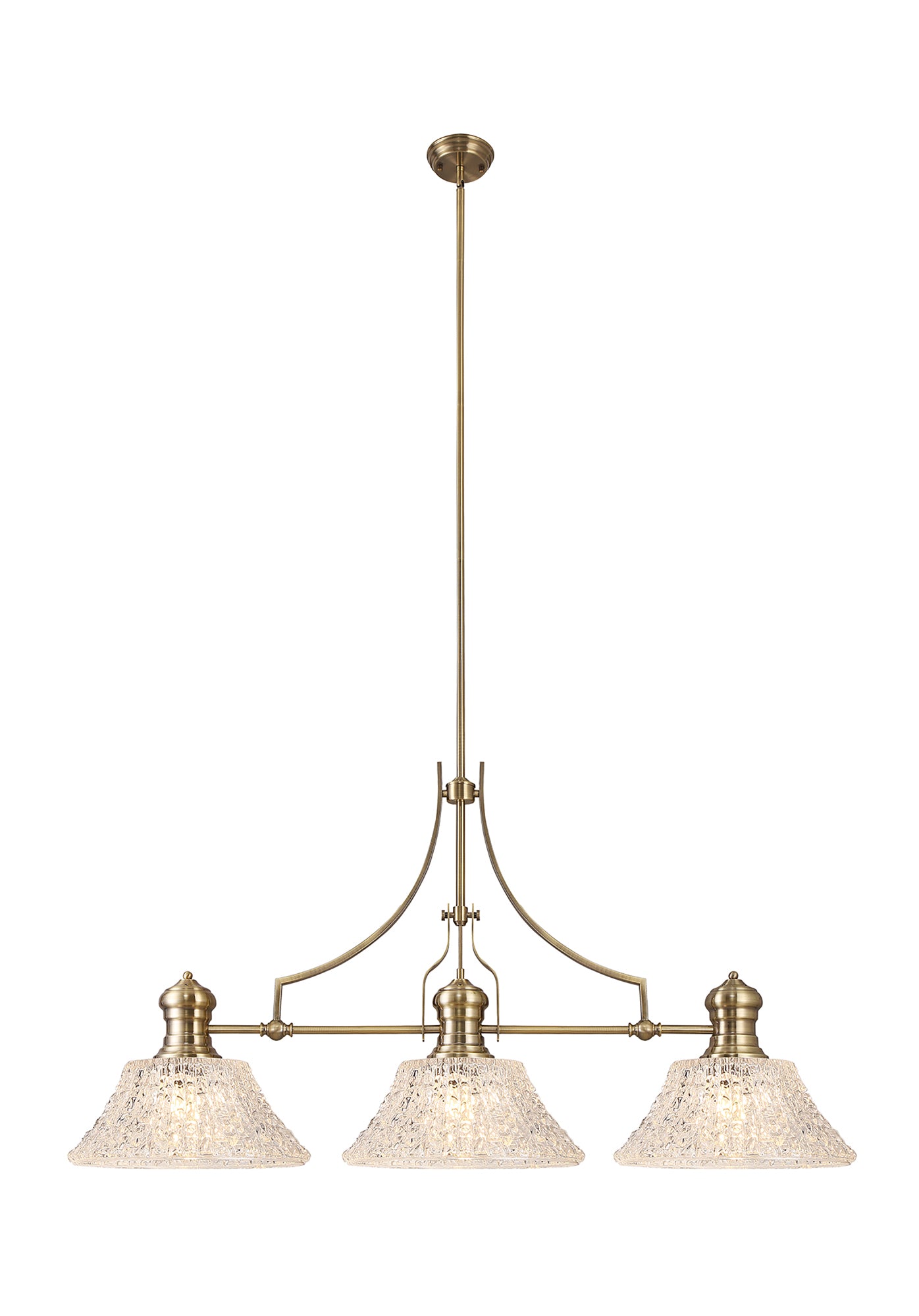 Munro Linear Pendant With 38cm Patterned Round Shade, 3 x E27, Antique Brass/Clear Glass Item Weight: 19.1kg