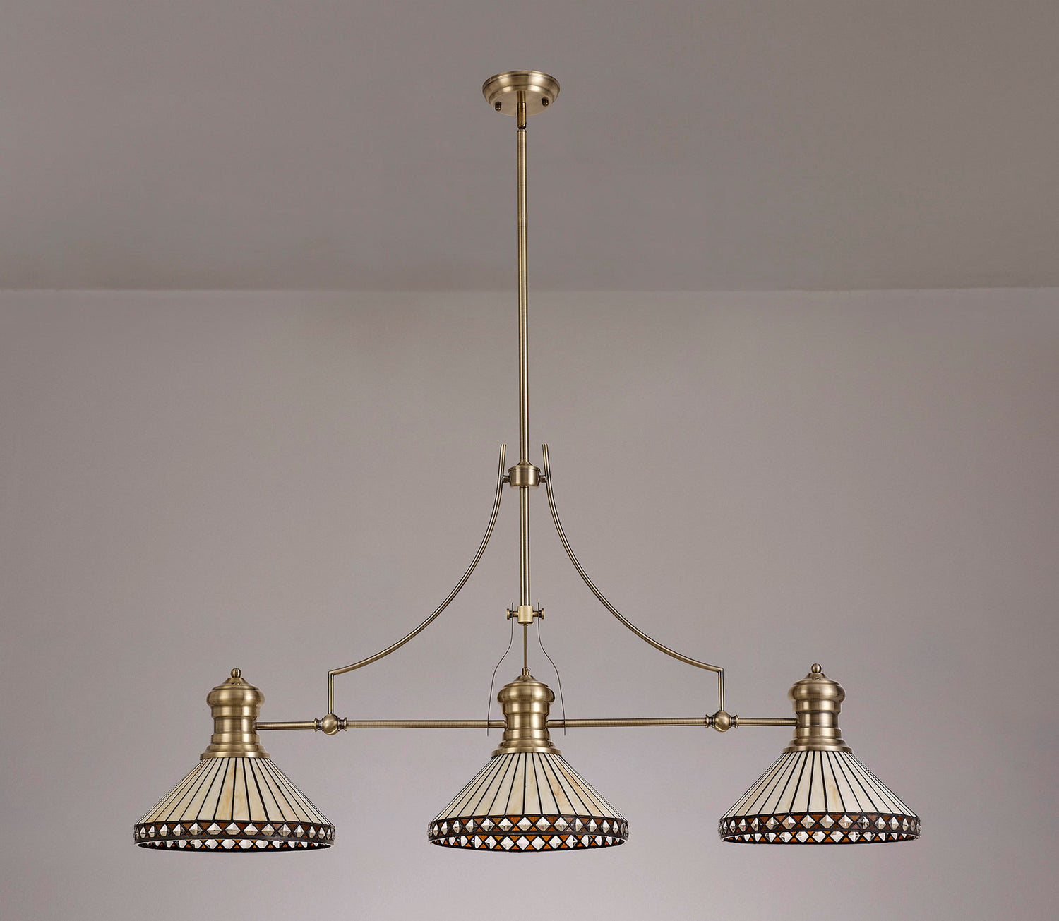 Wearne 3 Light Linear Pendant E27 With 30cm Tiffany Shade, Antique Brass, Amber, Cream, Crystal
