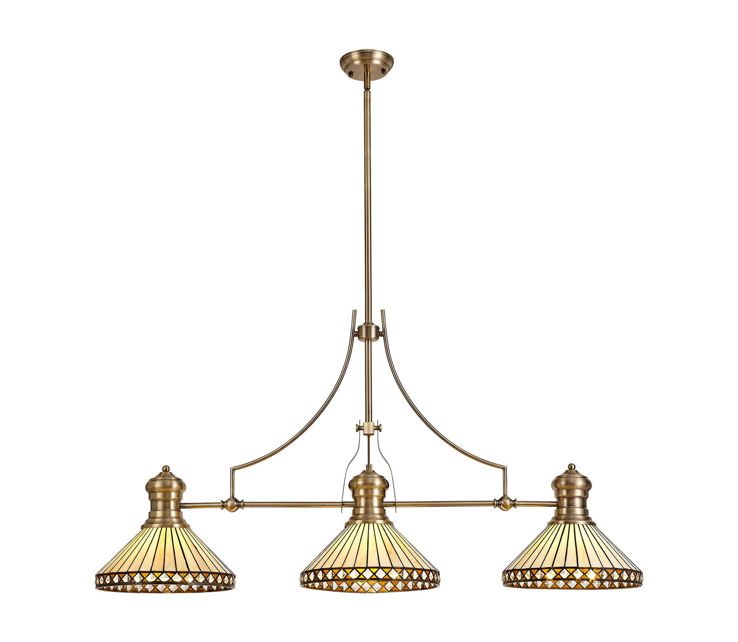 Wearne 3 Light Linear Pendant E27 With 30cm Tiffany Shade, Antique Brass, Amber, Cream, Crystal