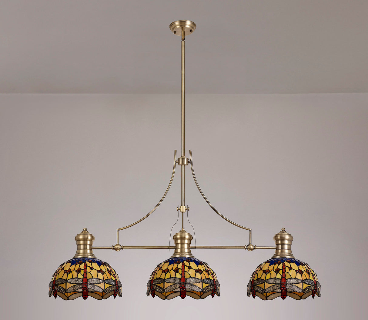 Hinnigan 3 Light Linear Pendant E27 With 30cm Tiffany Shade, Antique Brass, Blue, Orange, Crystal