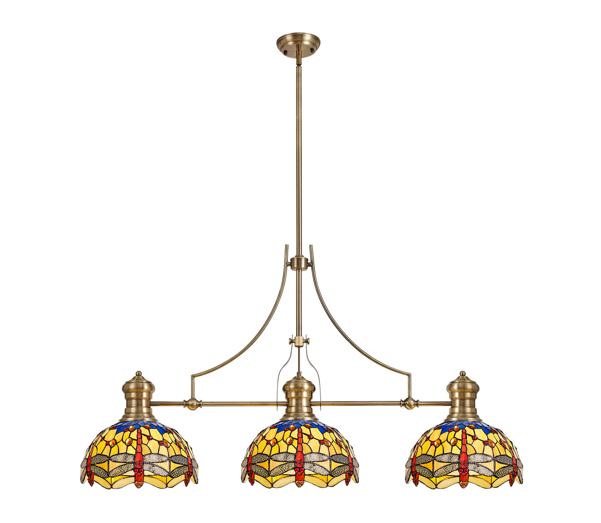Hinnigan 3 Light Linear Pendant E27 With 30cm Tiffany Shade, Antique Brass, Blue, Orange, Crystal