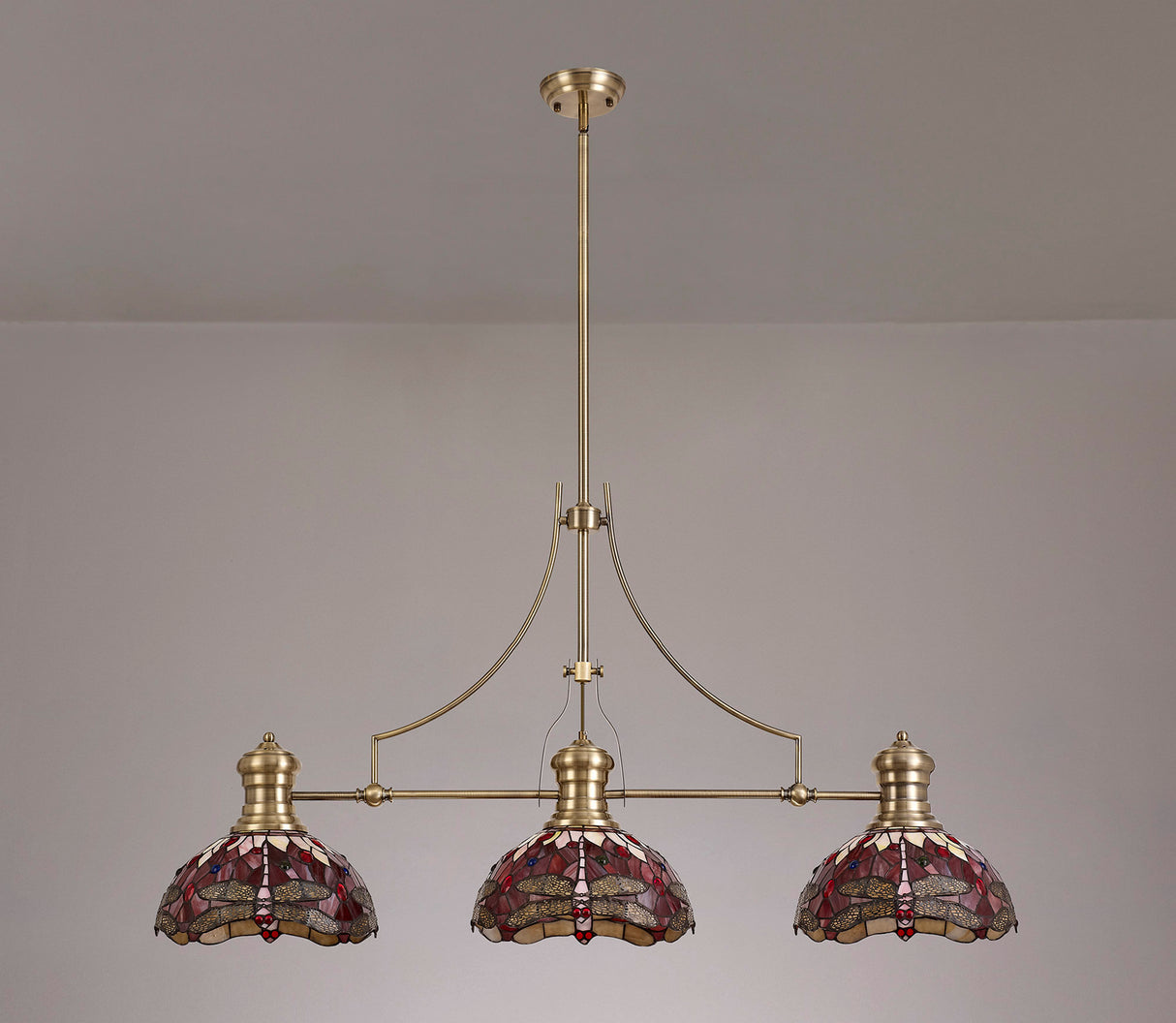 Hinnigan 3 Light Linear Pendant E27 With 30cm Tiffany Shade, Antique Brass, Purple, Pink, Crystal