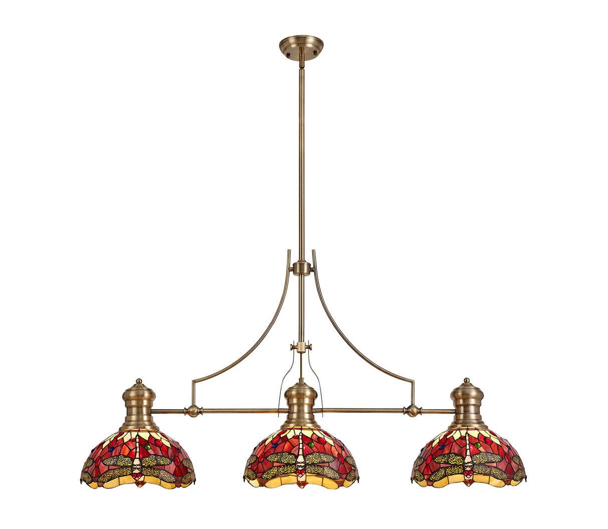 Hinnigan 3 Light Linear Pendant E27 With 30cm Tiffany Shade, Antique Brass, Purple, Pink, Crystal