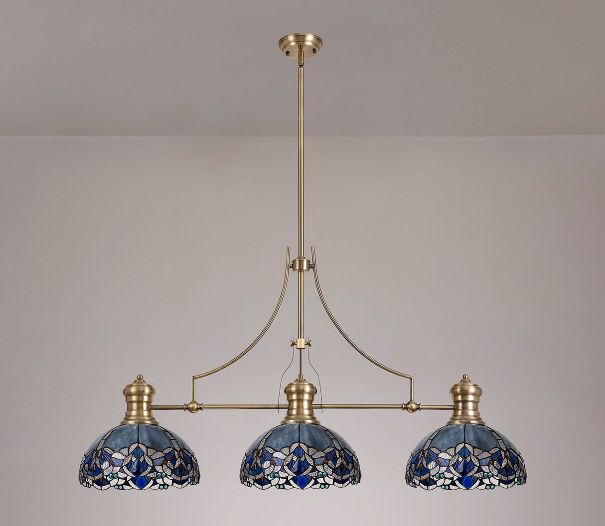 Siddall 3 Light Linear Pendant E27 With 30cm Tiffany Shade, Antique Brass, Blue, Clear Crystal