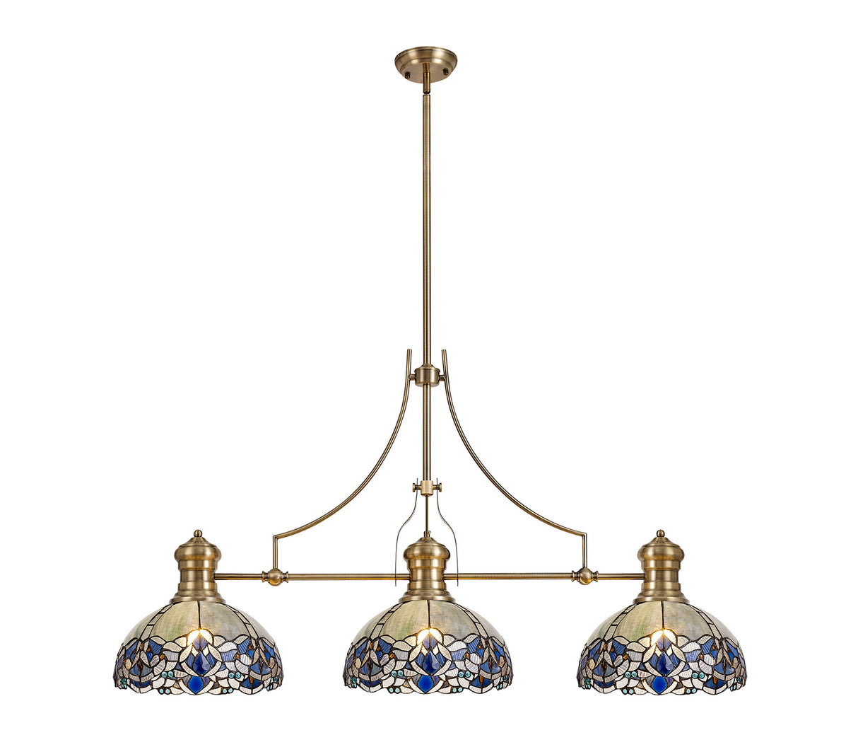 Siddall 3 Light Linear Pendant E27 With 30cm Tiffany Shade, Antique Brass, Blue, Clear Crystal