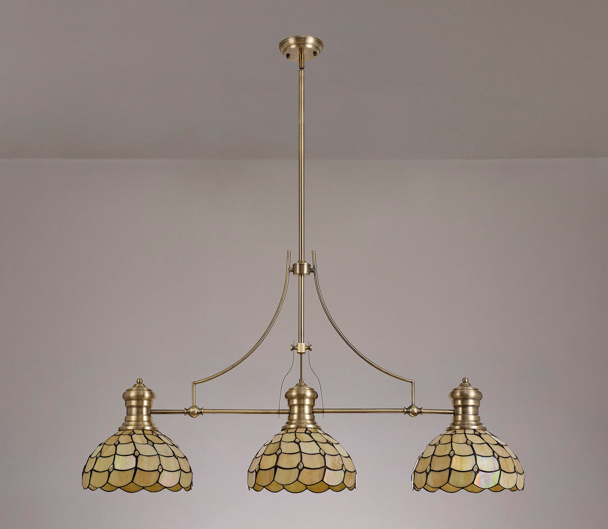 Finney 3 Light Linear Pendant E27 With 30cm Tiffany Shade, Antique Brass, Beige, Clear Crystal