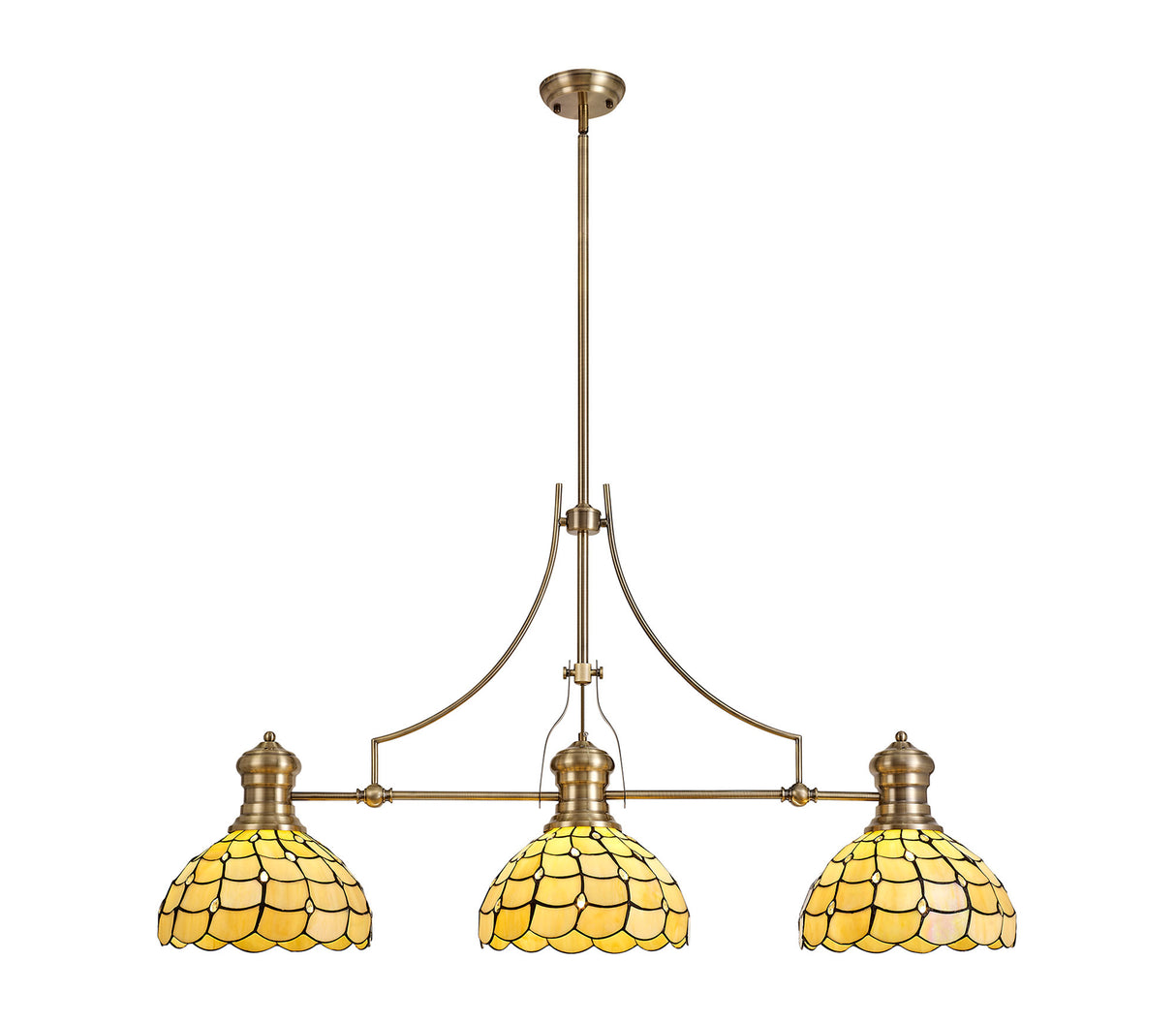 Finney 3 Light Linear Pendant E27 With 30cm Tiffany Shade, Antique Brass, Beige, Clear Crystal