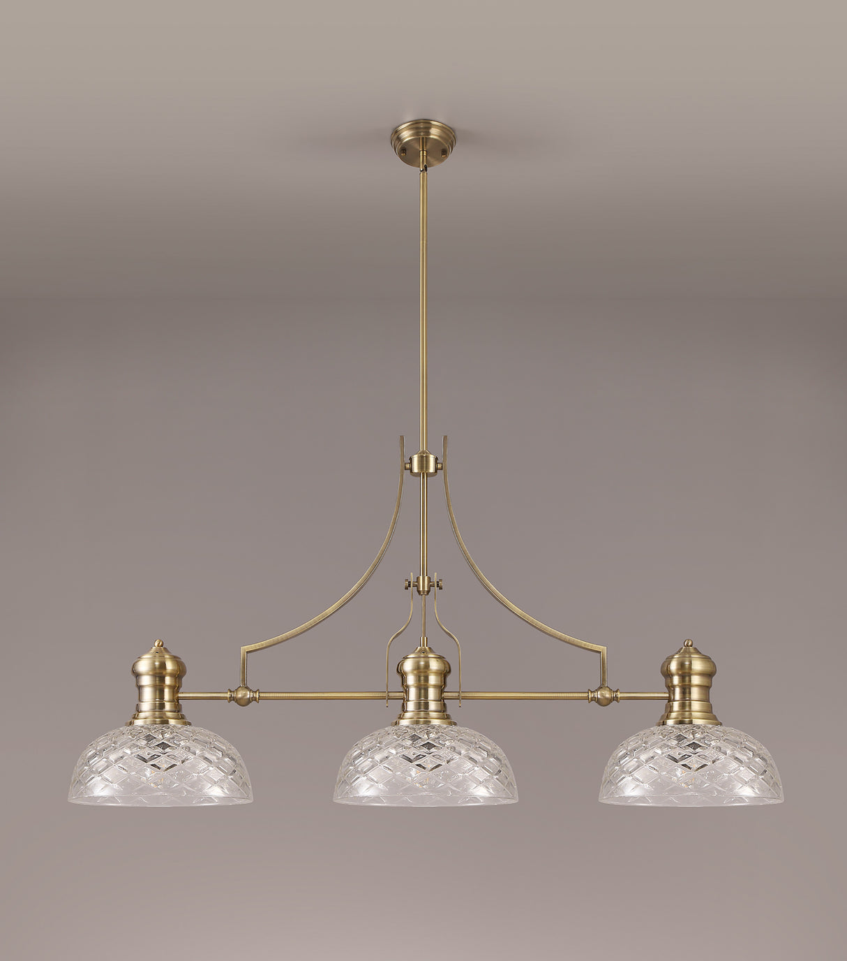 Munro Linear Pendant With 30cm Flat Round Patterned Shade, 3 x E27, Antique Brass/Clear Glass