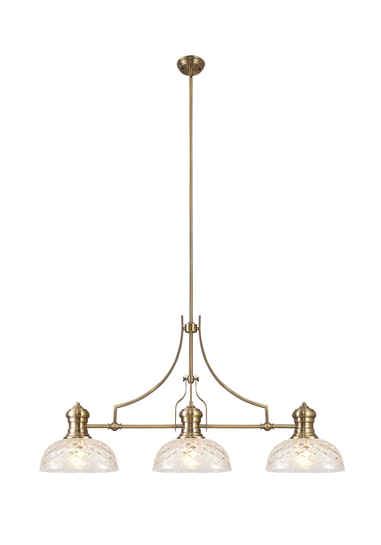 Munro Linear Pendant With 30cm Flat Round Patterned Shade, 3 x E27, Antique Brass/Clear Glass