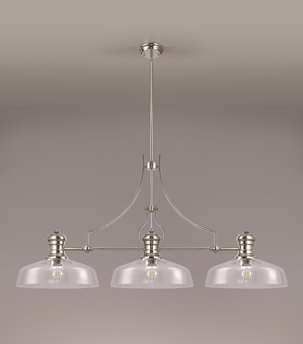 Munro Linear Pendant With 38cm Flat Round Shade, 3 x E27, Polished Nickel/Clear Glass