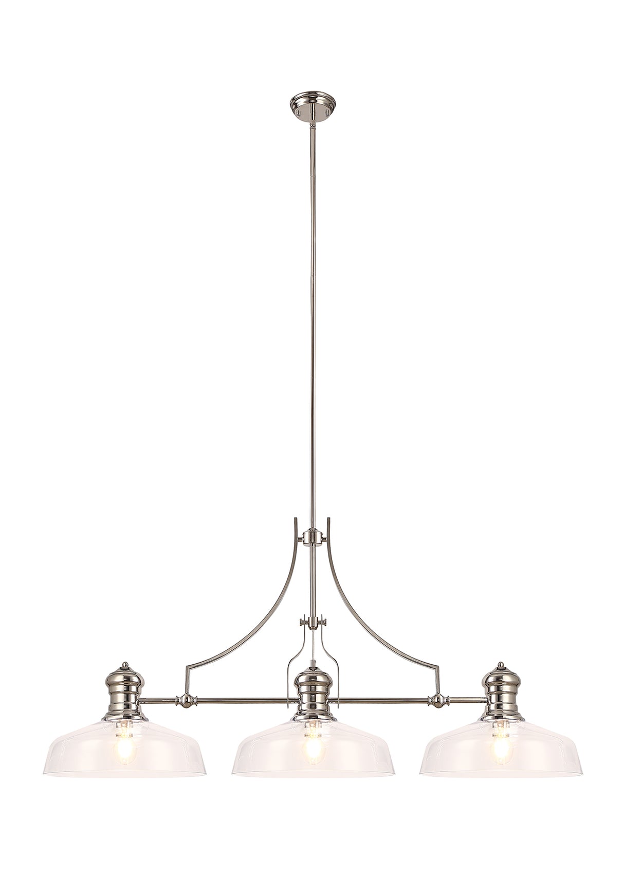 Munro Linear Pendant With 38cm Flat Round Shade, 3 x E27, Polished Nickel/Clear Glass