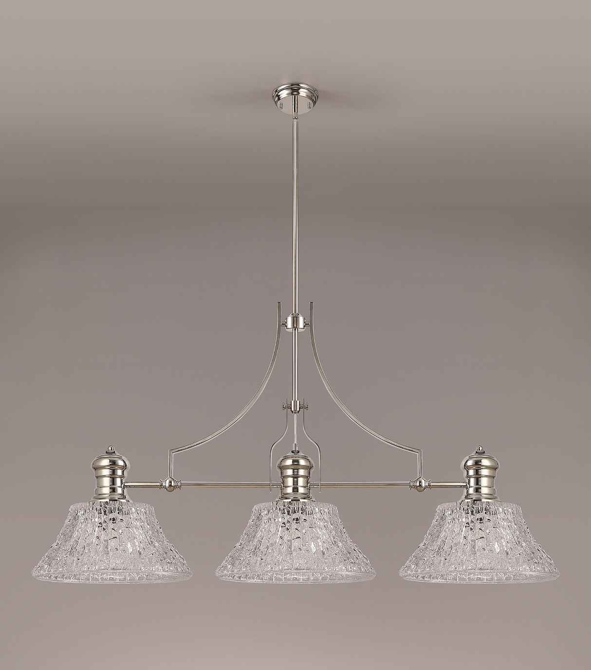 Munro Linear Pendant With 38cm Patterned Round Shade, 3 x E27, Polished Nickel/Clear Glass Item Weight: 19.1kg