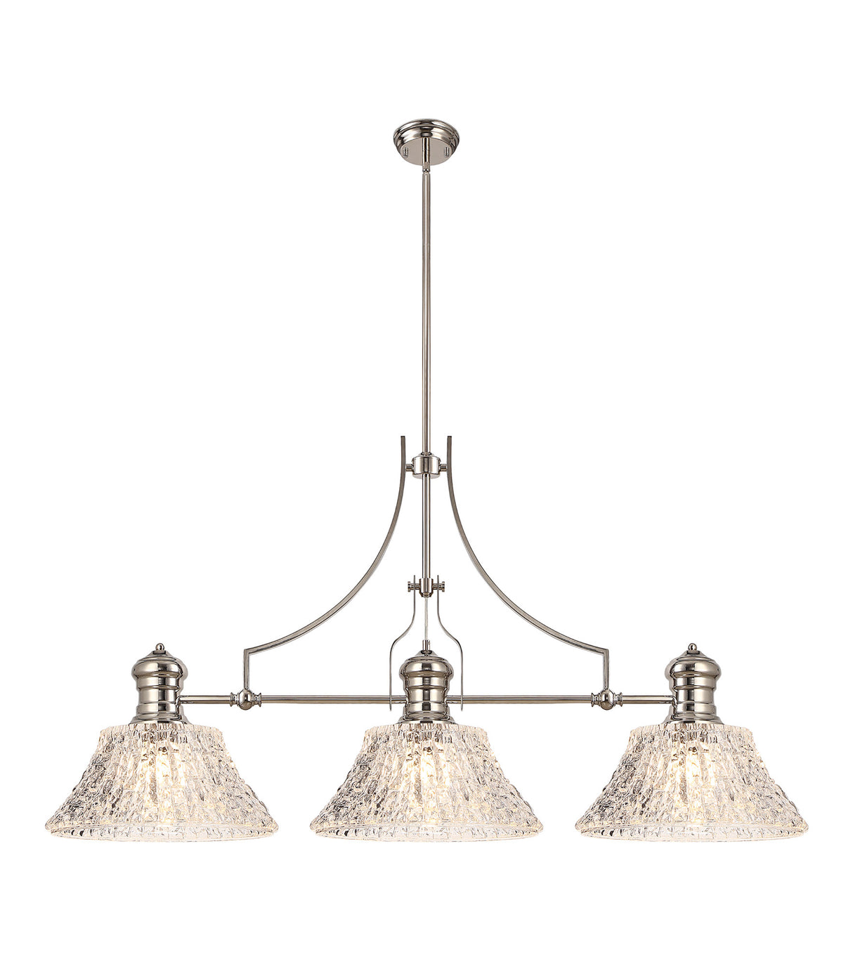 Munro Linear Pendant With 38cm Patterned Round Shade, 3 x E27, Polished Nickel/Clear Glass Item Weight: 19.1kg