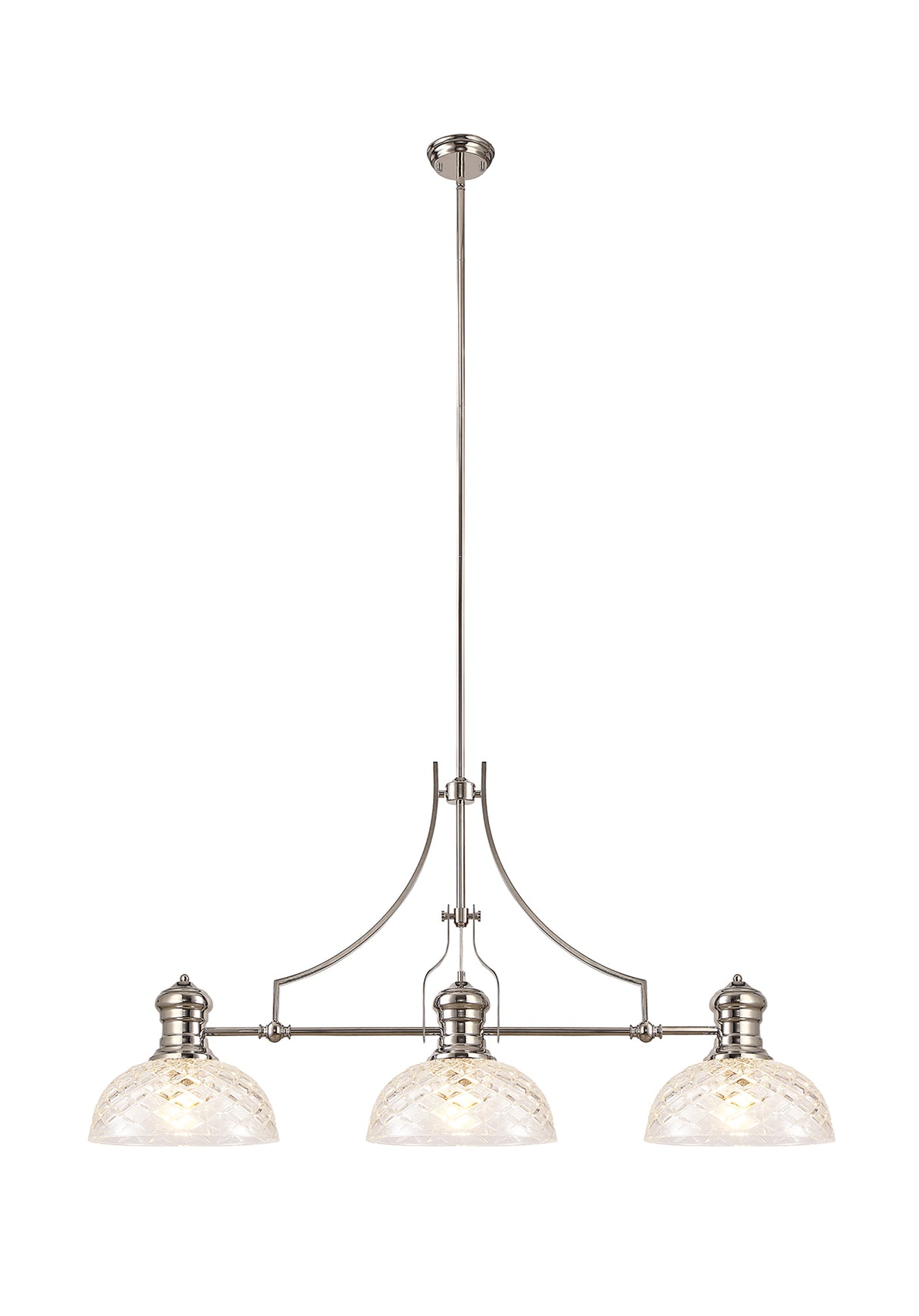 Munro Linear Pendant With 30cm Flat Round Patterned Shade, 3 x E27, Polished Nickel/Clear Glass
