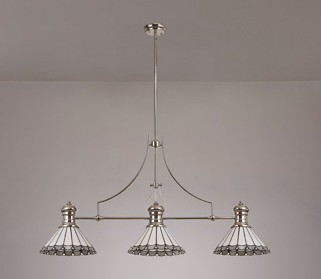 Williams 3 Light Linear Pendant E27 With 30cm Tiffany Shade, Polished Nickel, Grey, Cream, Crystal