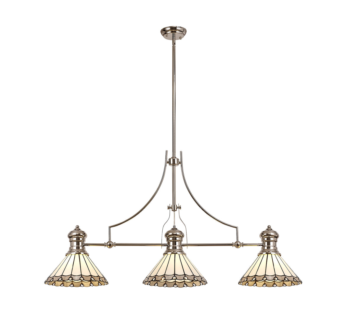 Williams 3 Light Linear Pendant E27 With 30cm Tiffany Shade, Polished Nickel, Grey, Cream, Crystal