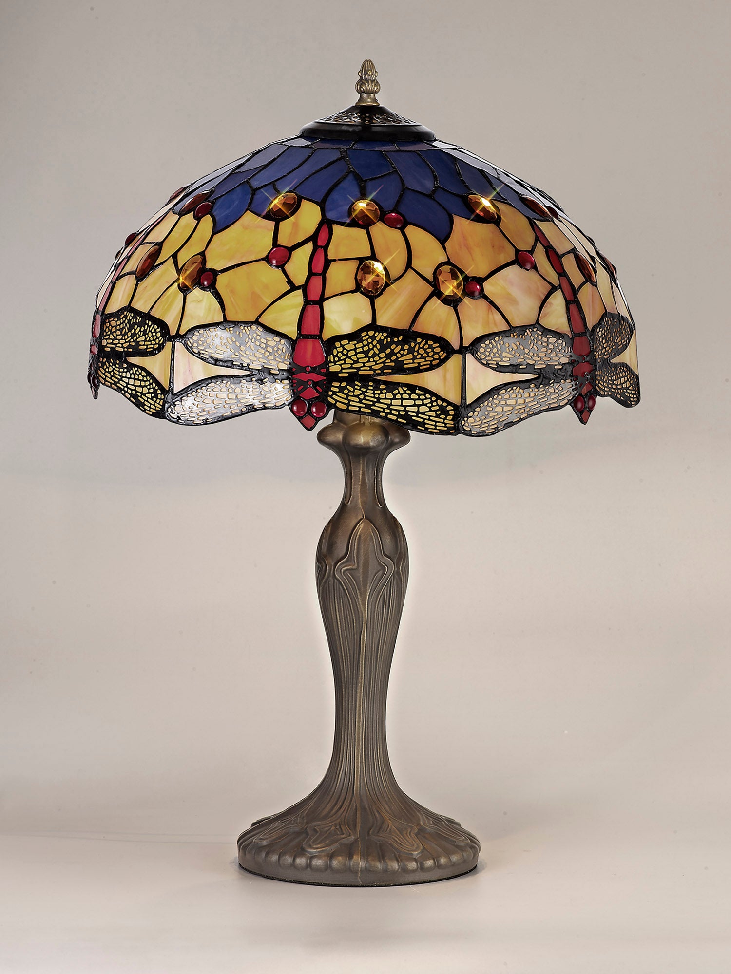 Hinnigan 2 Light Curved Table Lamp E27 With 40cm Tiffany Shade, Blue/Orange/Crystal/Aged Antique Brass