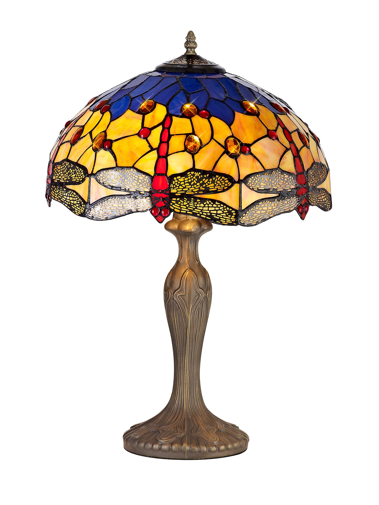 Hinnigan 2 Light Curved Table Lamp E27 With 40cm Tiffany Shade, Blue/Orange/Crystal/Aged Antique Brass