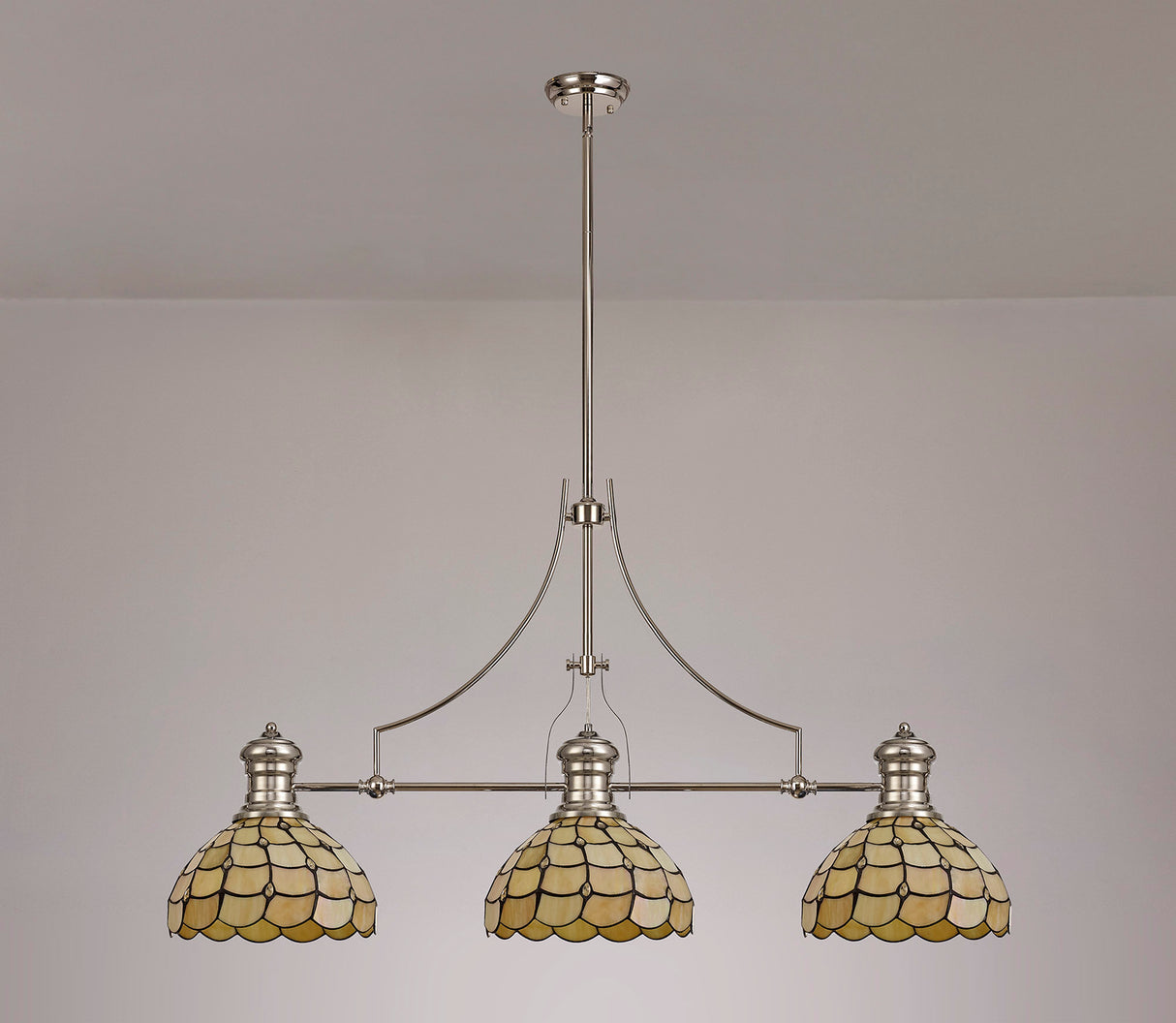 Finney 3 Light Linear Pendant E27 With 30cm Tiffany Shade, Polished Nickel, Beige, Clear Crystal