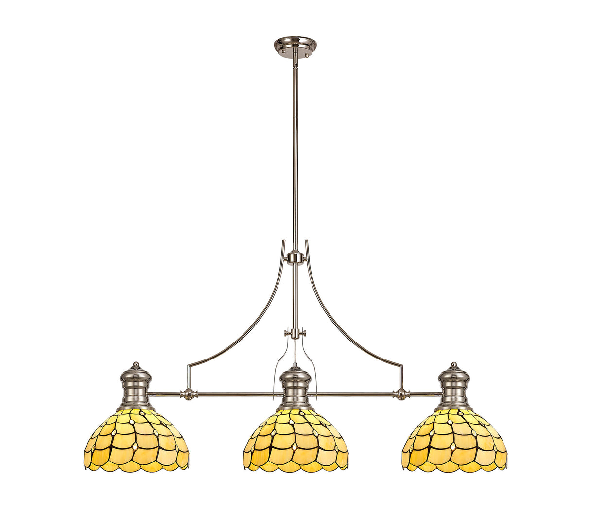 Finney 3 Light Linear Pendant E27 With 30cm Tiffany Shade, Polished Nickel, Beige, Clear Crystal