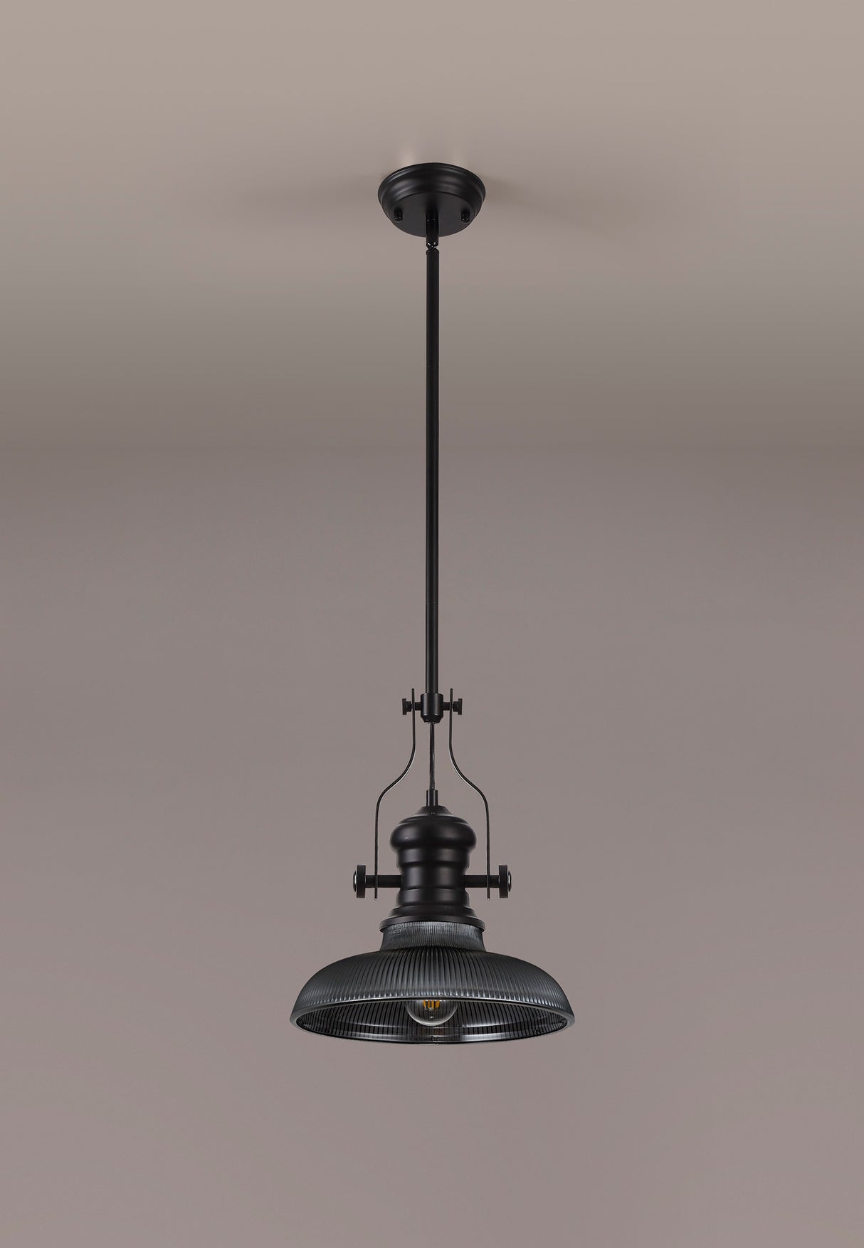 Munro 1 Light Pendant E27 With 30cm Round Glass Shade, Matt Black/Smoked