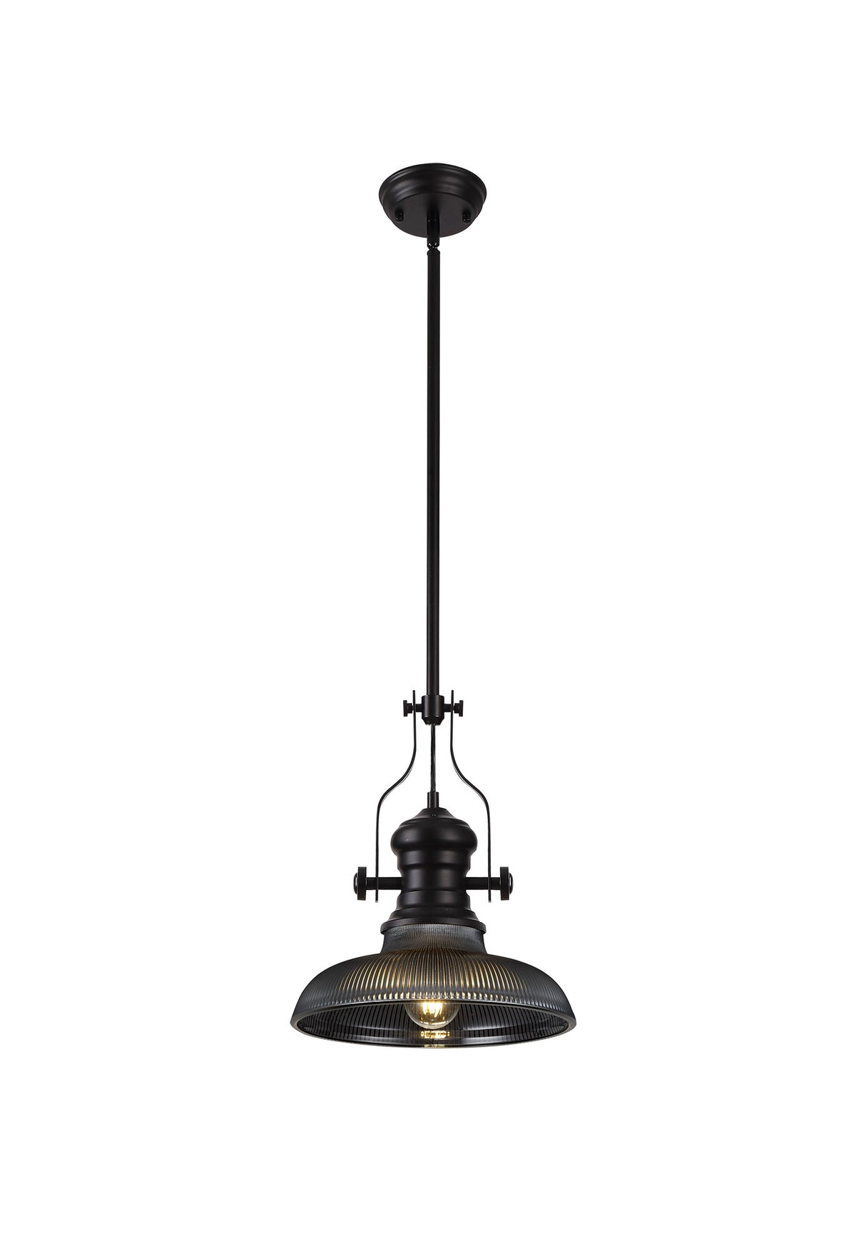 Munro 1 Light Pendant E27 With 30cm Round Glass Shade, Matt Black/Smoked