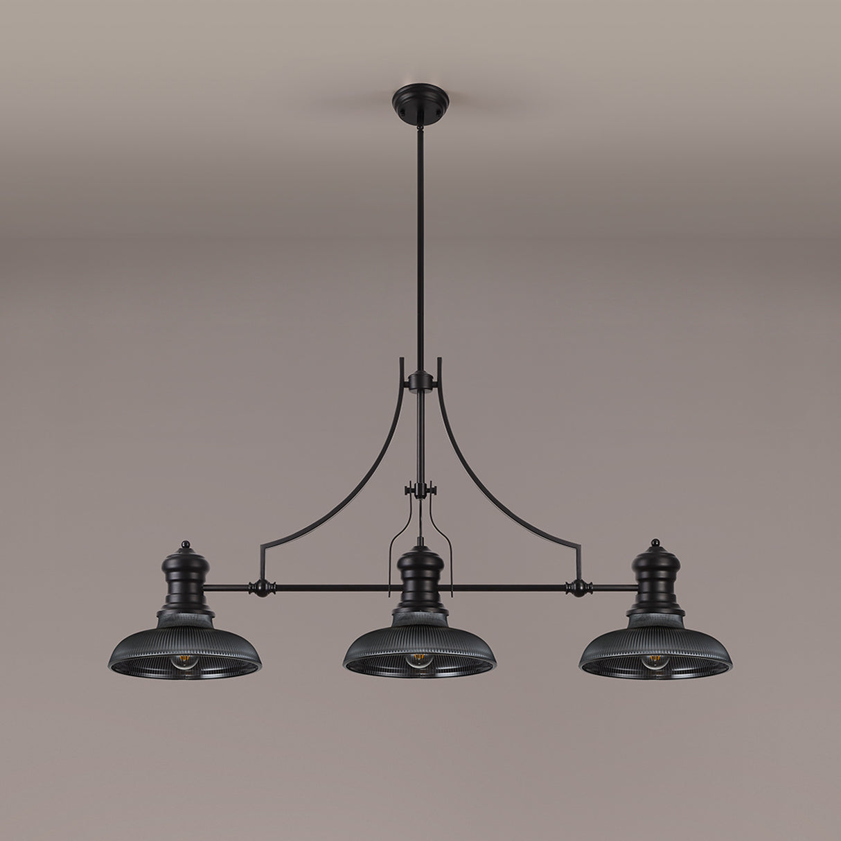 Munro 3 Light Linear Pendant E27 With 30cm Round Glass Shade, Matt Black, Smoked