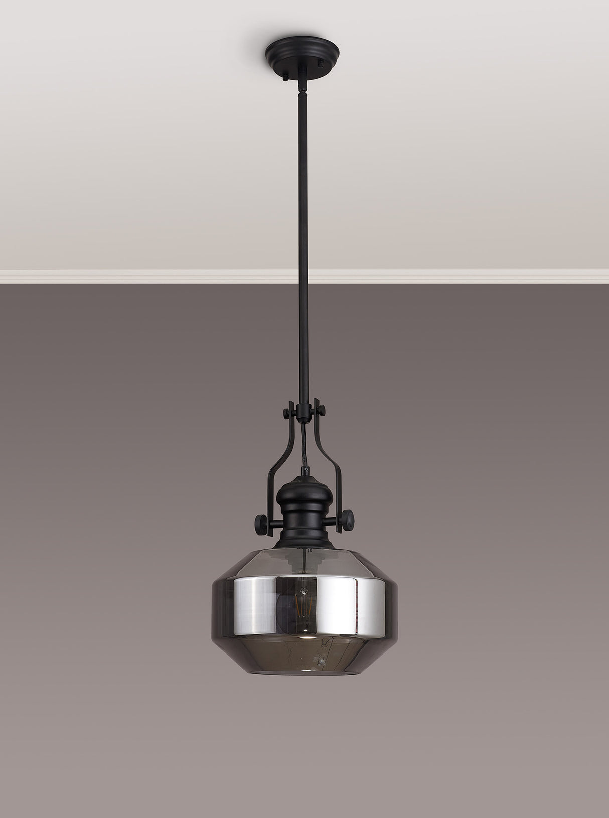 Munro Single Pendant, 1 x E27, Round Champfered Glass, Matt Black / Smoke