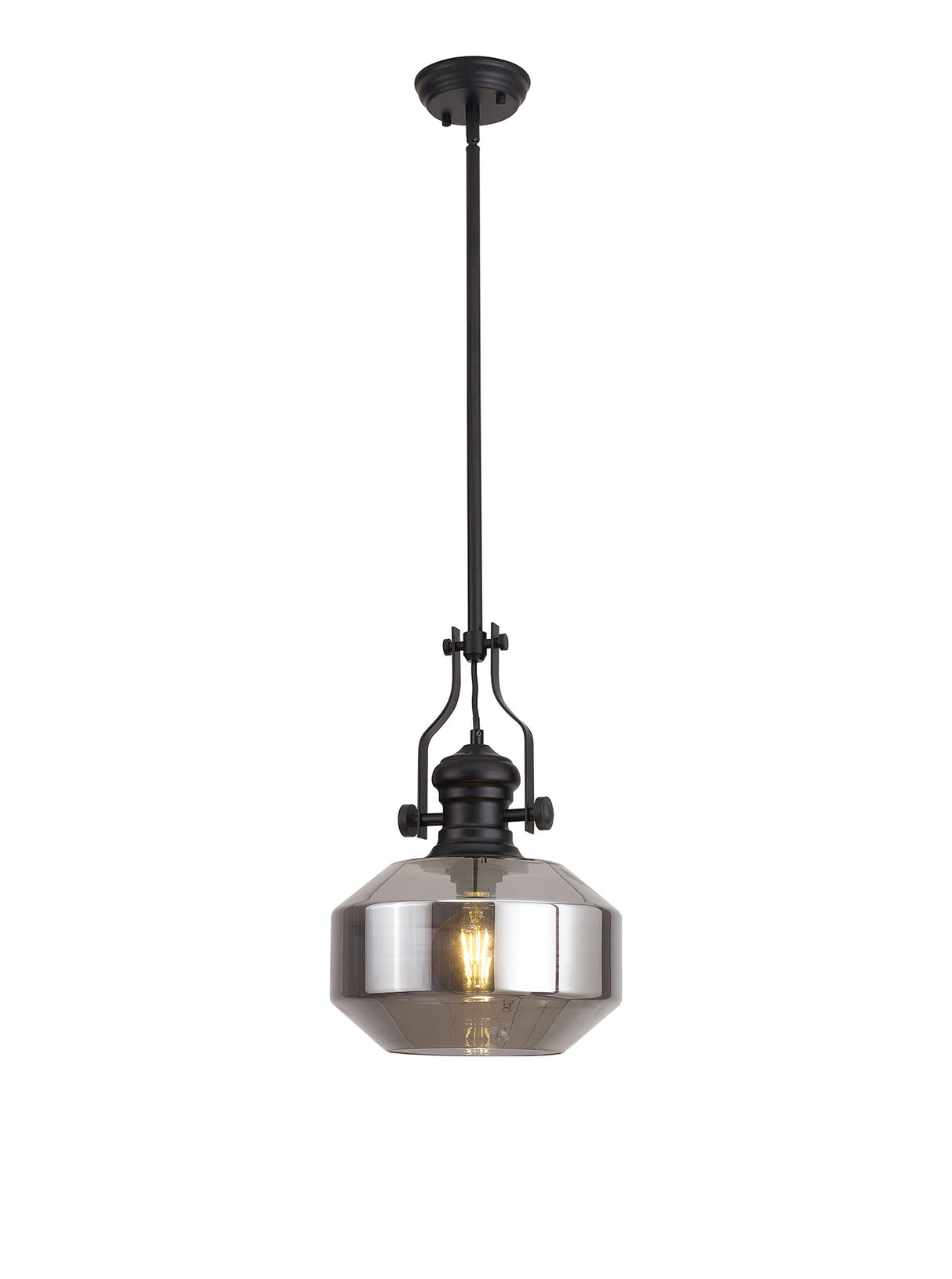 Munro Single Pendant, 1 x E27, Round Champfered Glass, Matt Black / Smoke