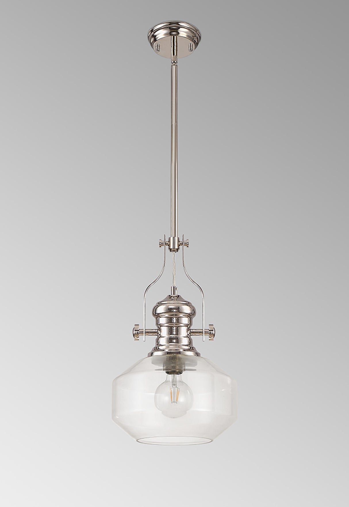 Munro Single Pendant, 1 x E27, Round Champfered Glass, Polished Nickel / Clear