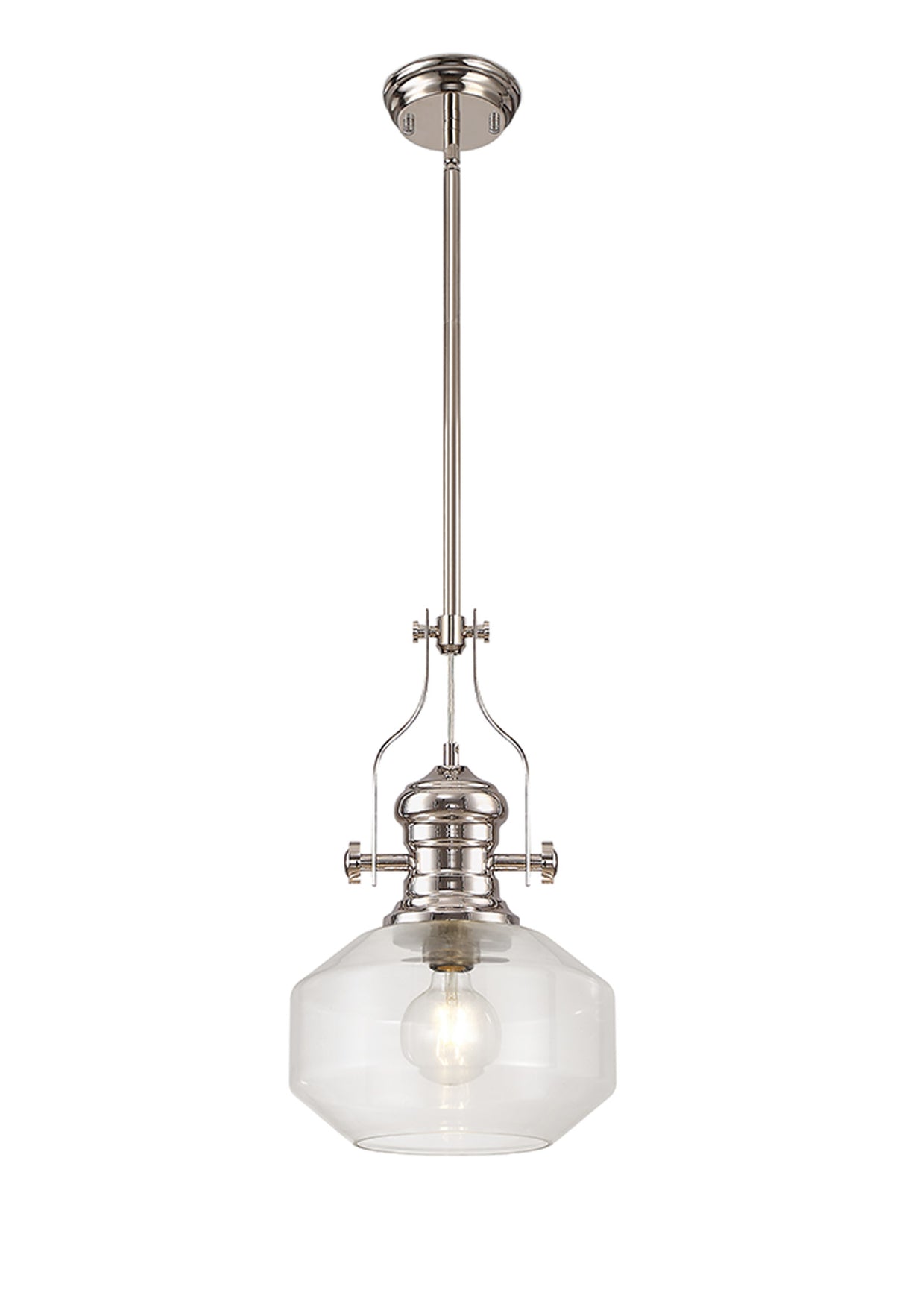 Munro Single Pendant, 1 x E27, Round Champfered Glass, Polished Nickel / Clear