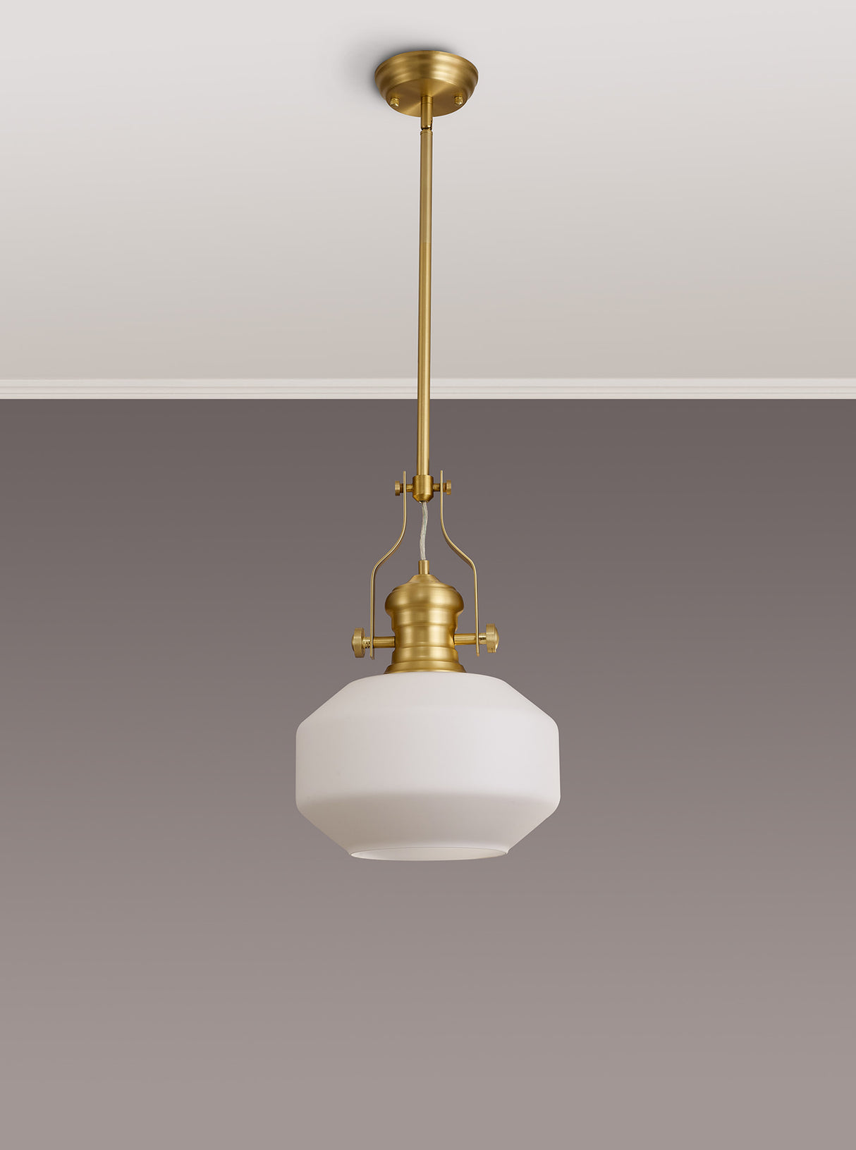 Munro Single Pendant, 1 x E27, Round Champfered Glass, Satin Gold / Opal