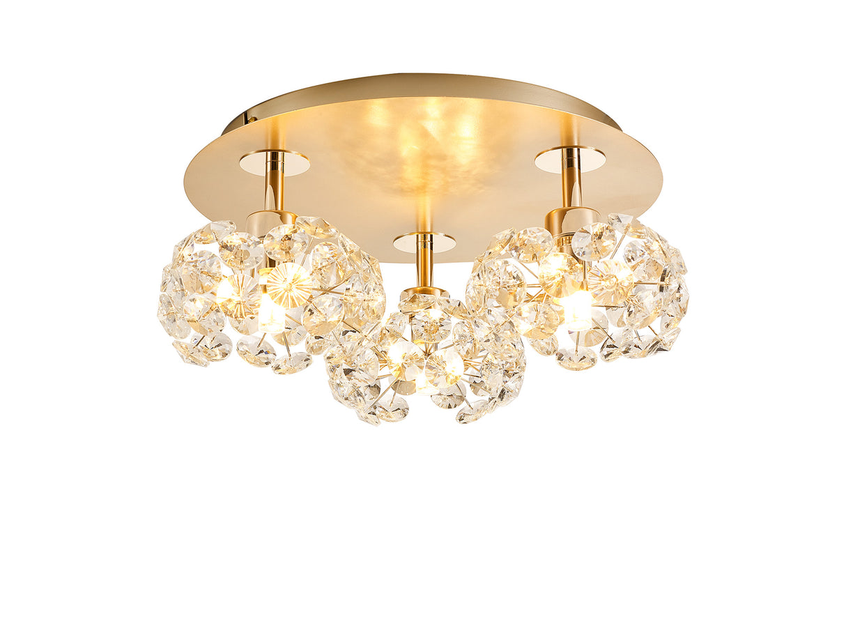 Byrne Round 3 Light G9 35cm Flush Light With French Gold And Crystal Shade