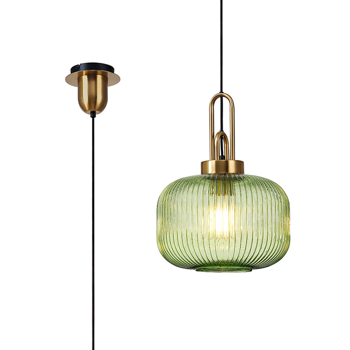 Allardyce 1 Light E27 Pendant With 30cm Pumpkin Ribbed Glass, Brass Gold / Green / Matt Black