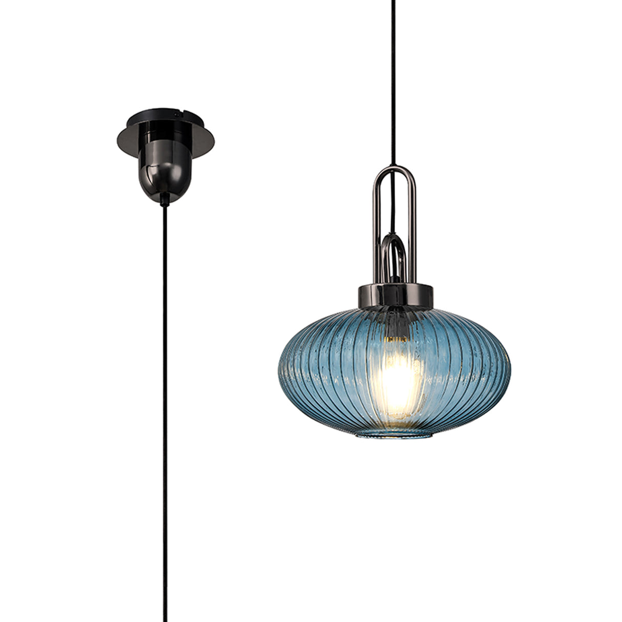 Allardyce 1 Light E27 Pendant With 30cm Oval Sphere Ribbed Glass, Black Chrome / Petrol Blue / Matt Black