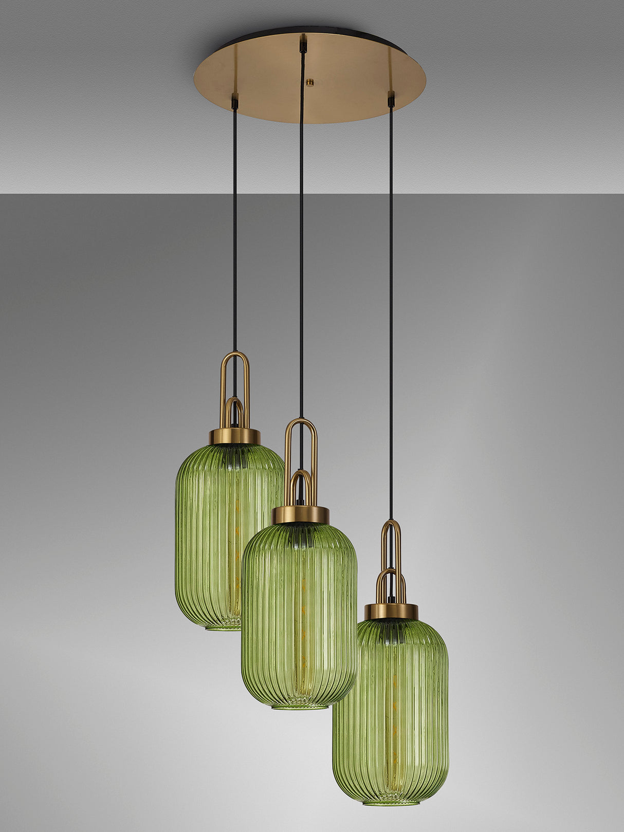 Allardyce 2m Round Pendant 3 Light E27 With 20cm Tubular Ribbed Glass, Brass Gold / Green / Matt Black
