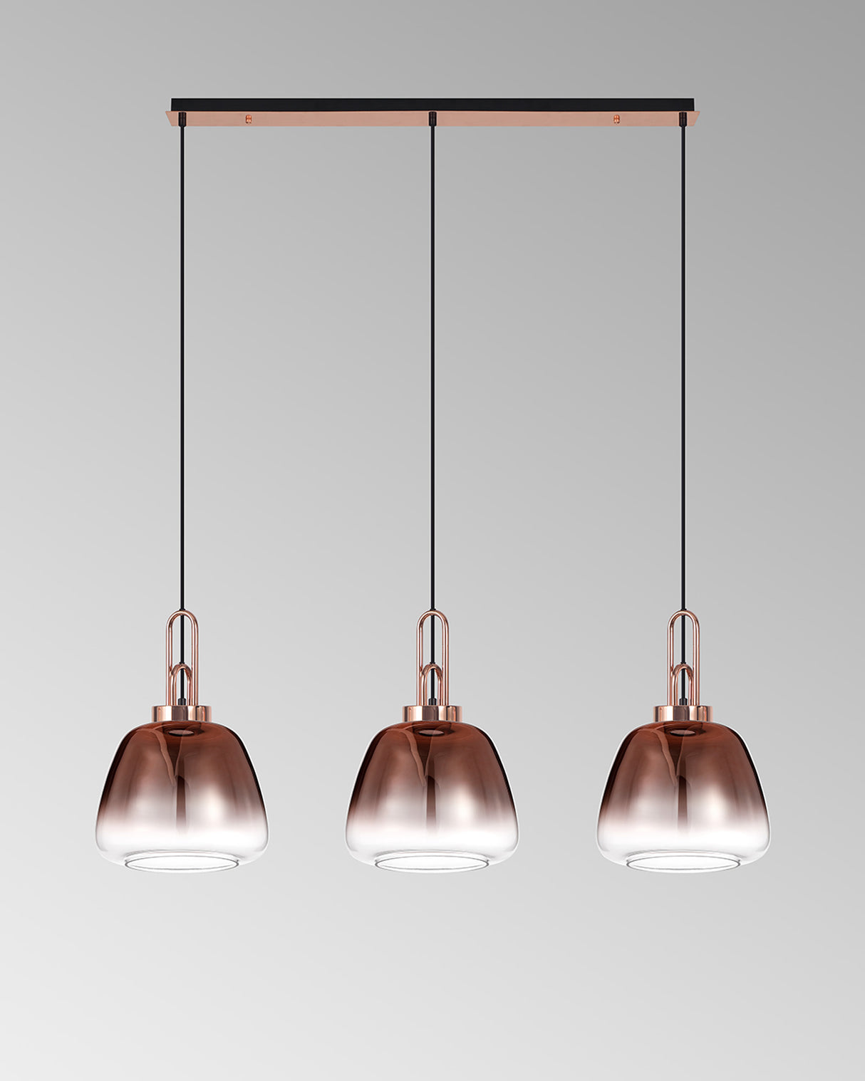 Allardyce Linear Pendant 3 Light E27 With 28cm Trapezium Glass, Copper / Clear / Matt Black