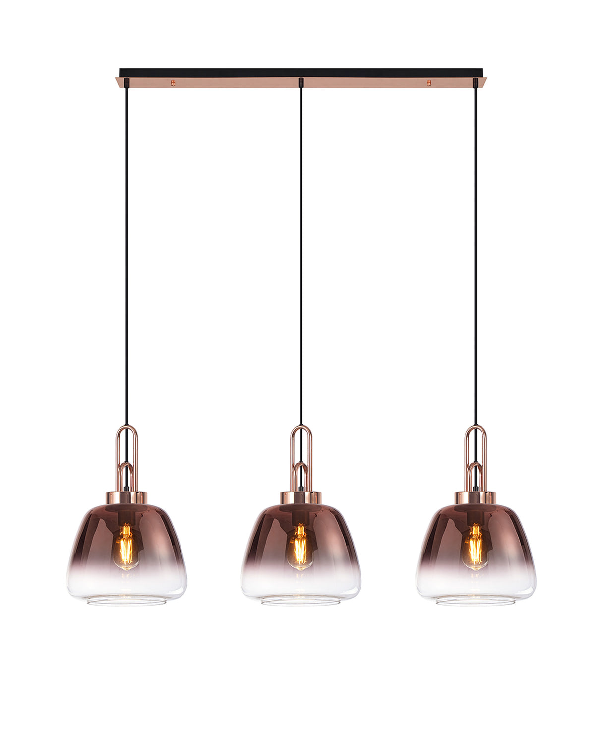 Allardyce Linear Pendant 3 Light E27 With 28cm Trapezium Glass, Copper / Clear / Matt Black