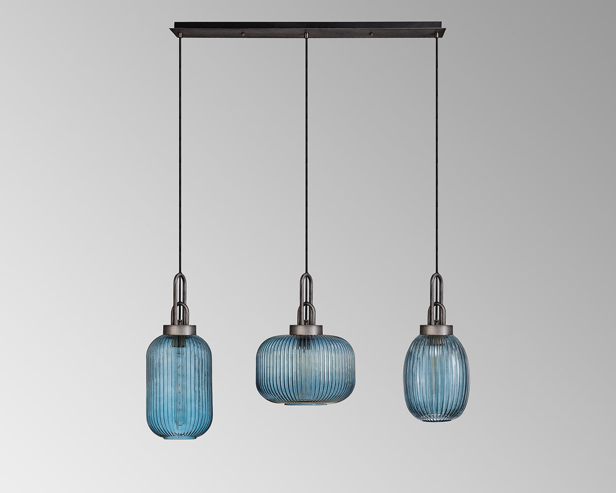 Allardyce Linear Pendant 3 Light E27 With Various Glasses, Aged Pewter / Petrol Blue / Matt Black