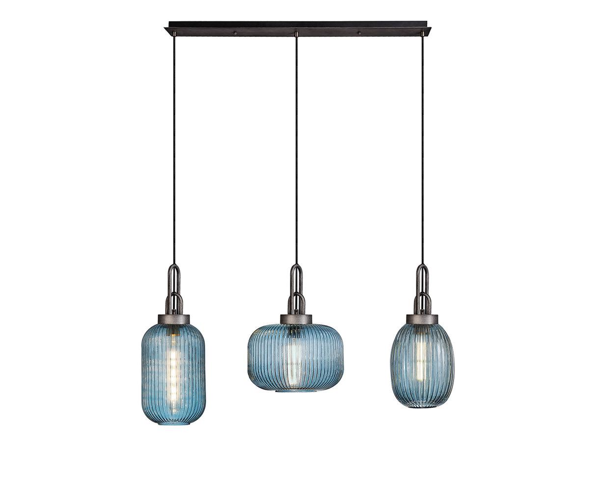 Allardyce Linear Pendant 3 Light E27 With Various Glasses, Aged Pewter / Petrol Blue / Matt Black