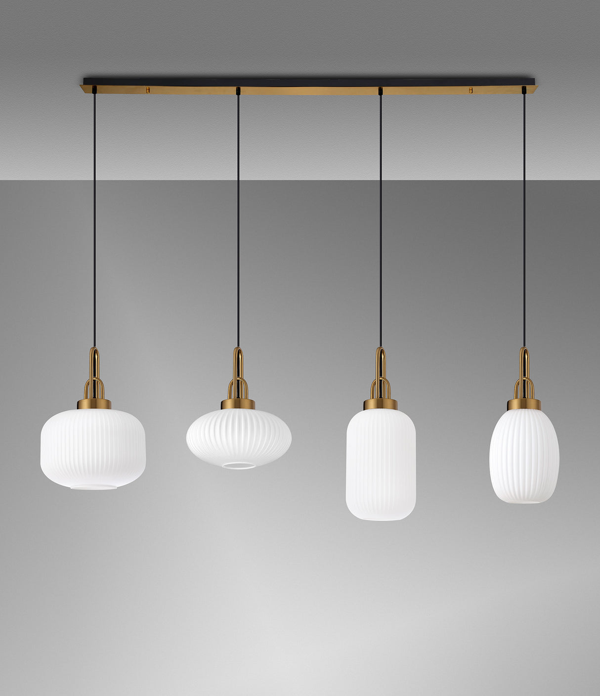 Allardyce Linear Pendant 4 Light E27 With Various Glasses, Brass Gold / Opal / Matt Black