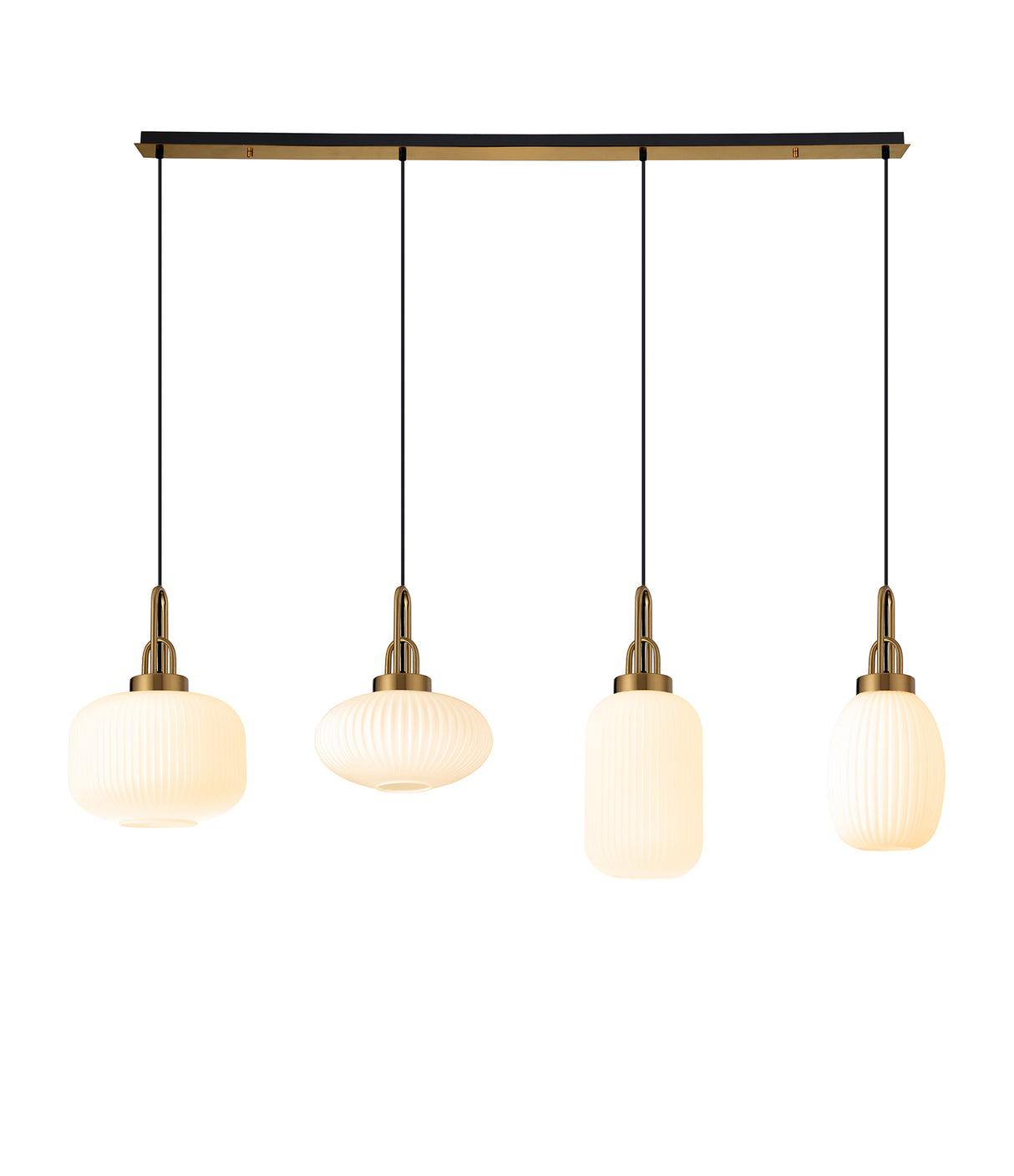 Allardyce Linear Pendant 4 Light E27 With Various Glasses, Brass Gold / Opal / Matt Black