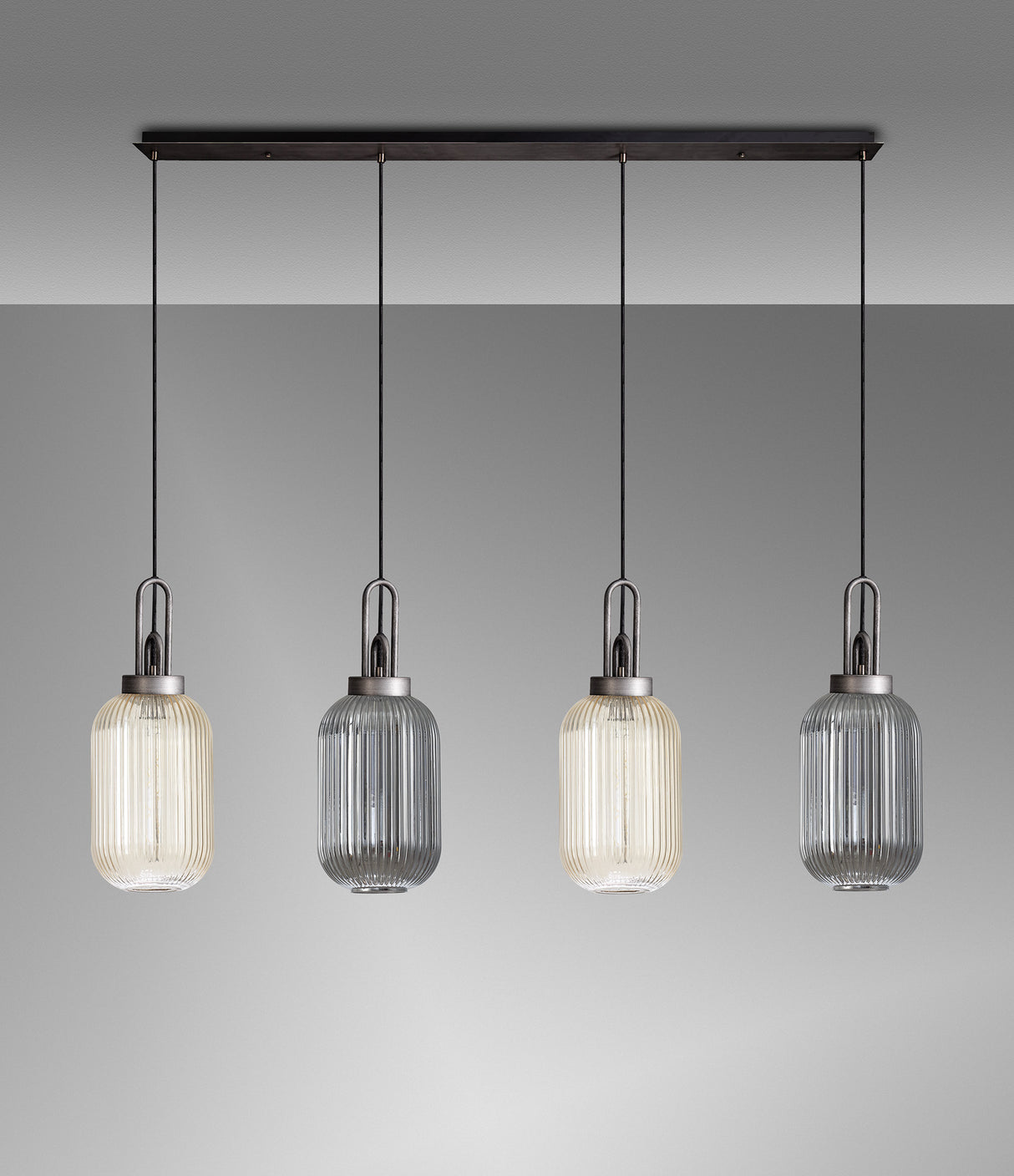 Allardyce Linear Pendant 4 Light E27 With 20cm Tubular Ribbed Glass, Aged Pewter / Champagne / Smoked / Matt Black